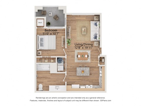Floor plan for 1 bed, 1 bath, 648 sqft